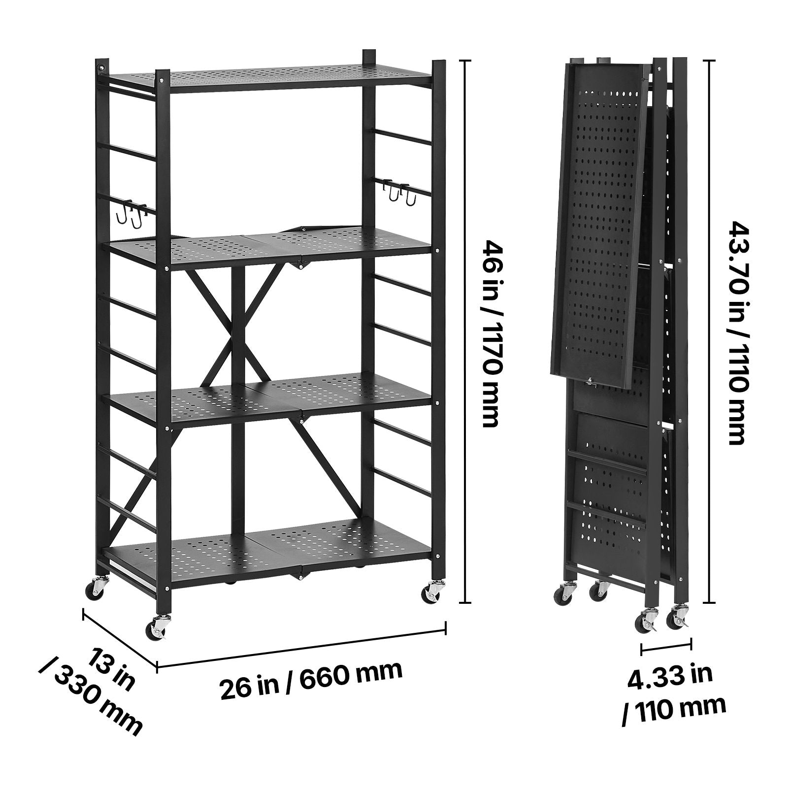 Foldable Storage Shelf with Wheels and Hooks – No Assembly Needed