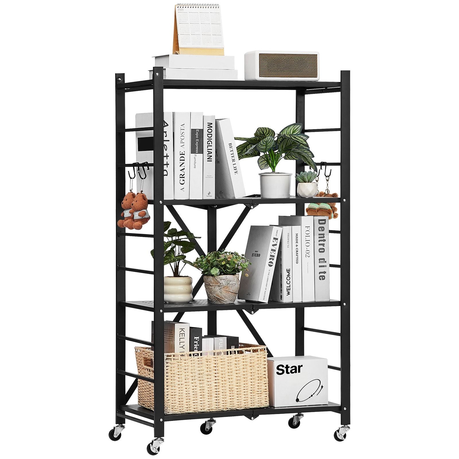 Foldable Storage Shelf with Wheels and Hooks – No Assembly Needed