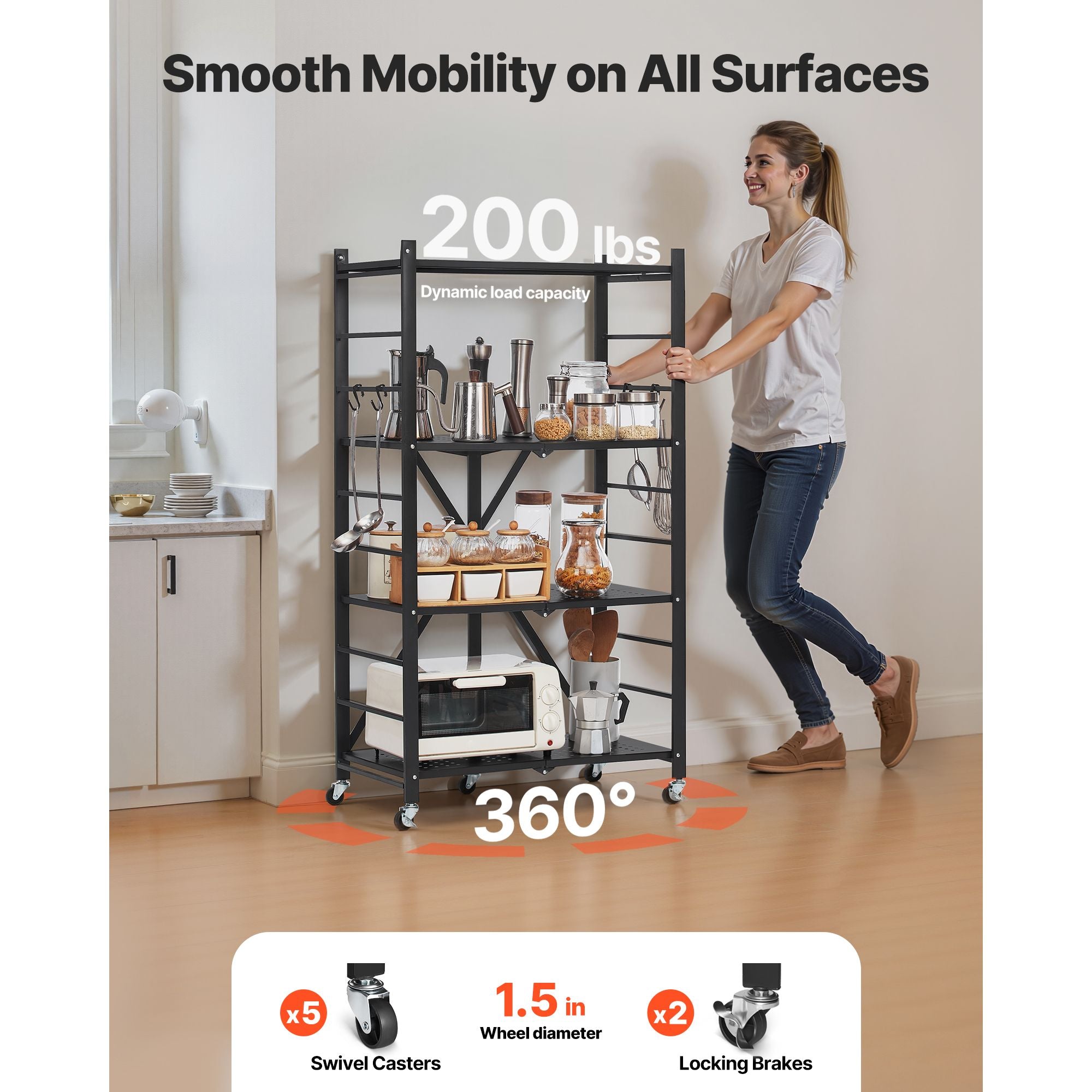 Foldable Storage Shelf with Wheels and Hooks – No Assembly Needed