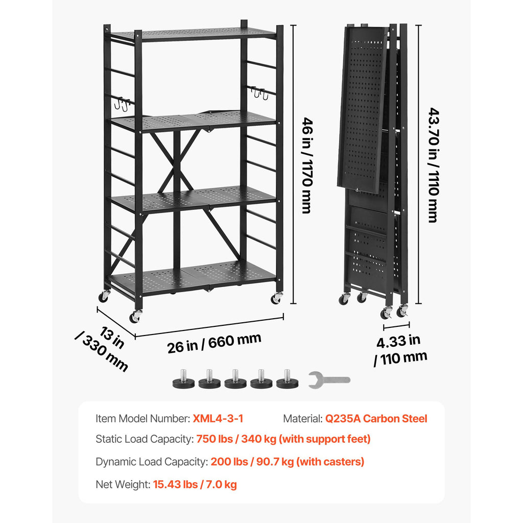 Foldable Storage Shelf with Wheels and Hooks – No Assembly Needed