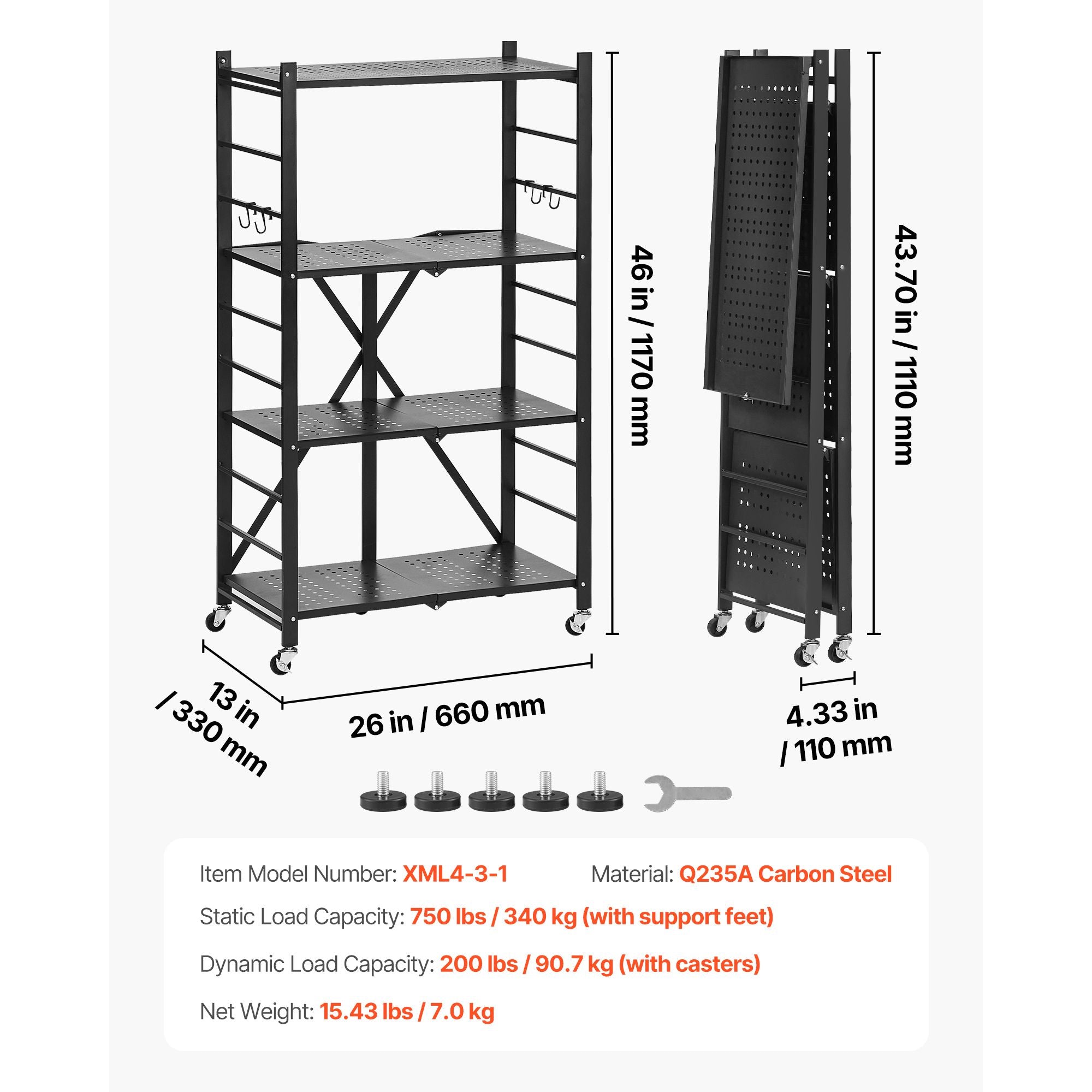 Foldable Storage Shelf with Wheels and Hooks – No Assembly Needed