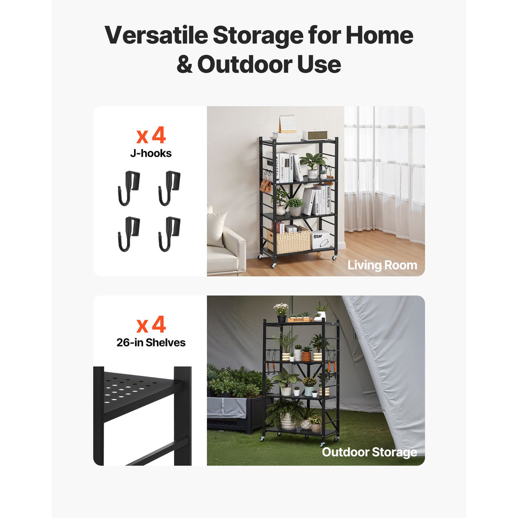 Foldable Storage Shelf with Wheels and Hooks – No Assembly Needed