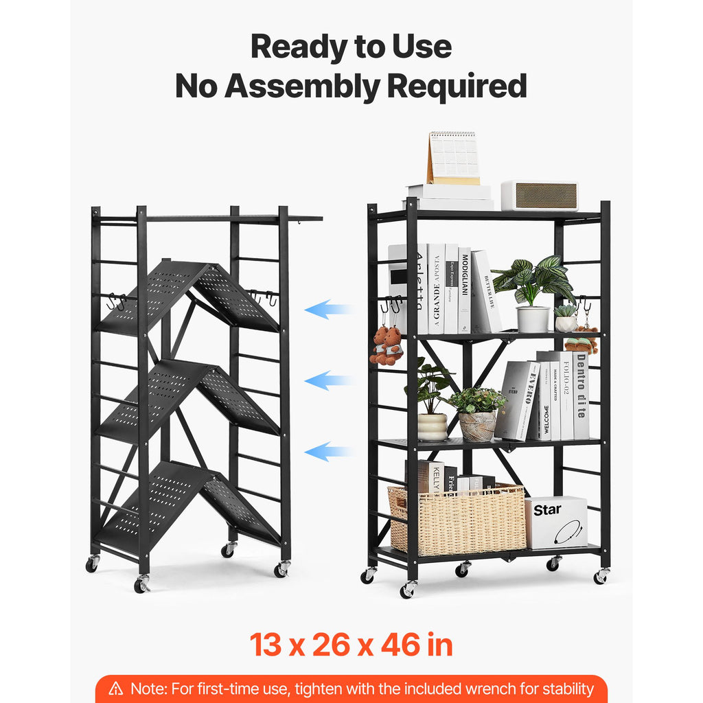 Foldable Storage Shelf with Wheels and Hooks – No Assembly Needed
