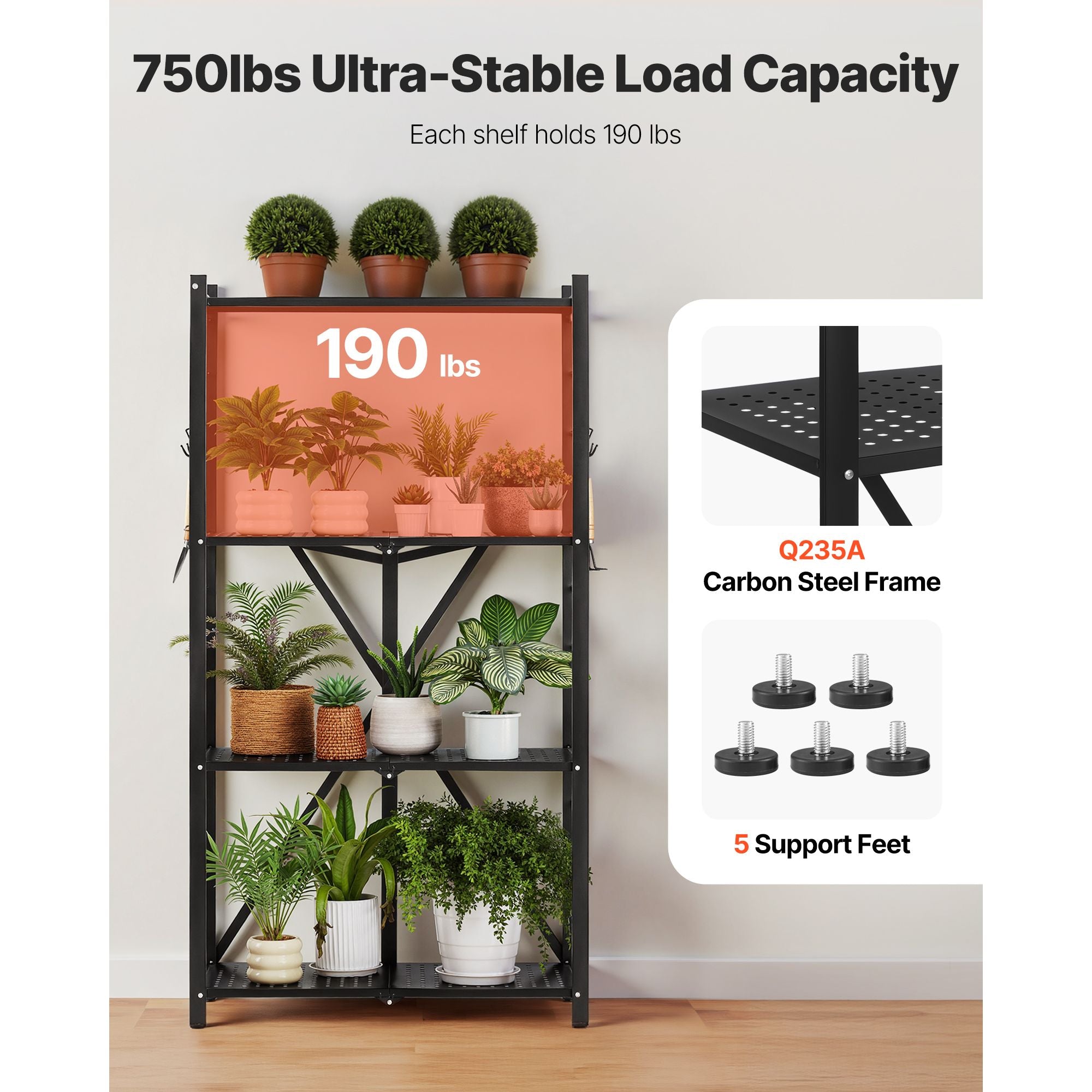4-Tier Foldable Storage Shelf, 28W x 13D x 54H Folding Metal Rack Shelving Unit, No Assembly Or