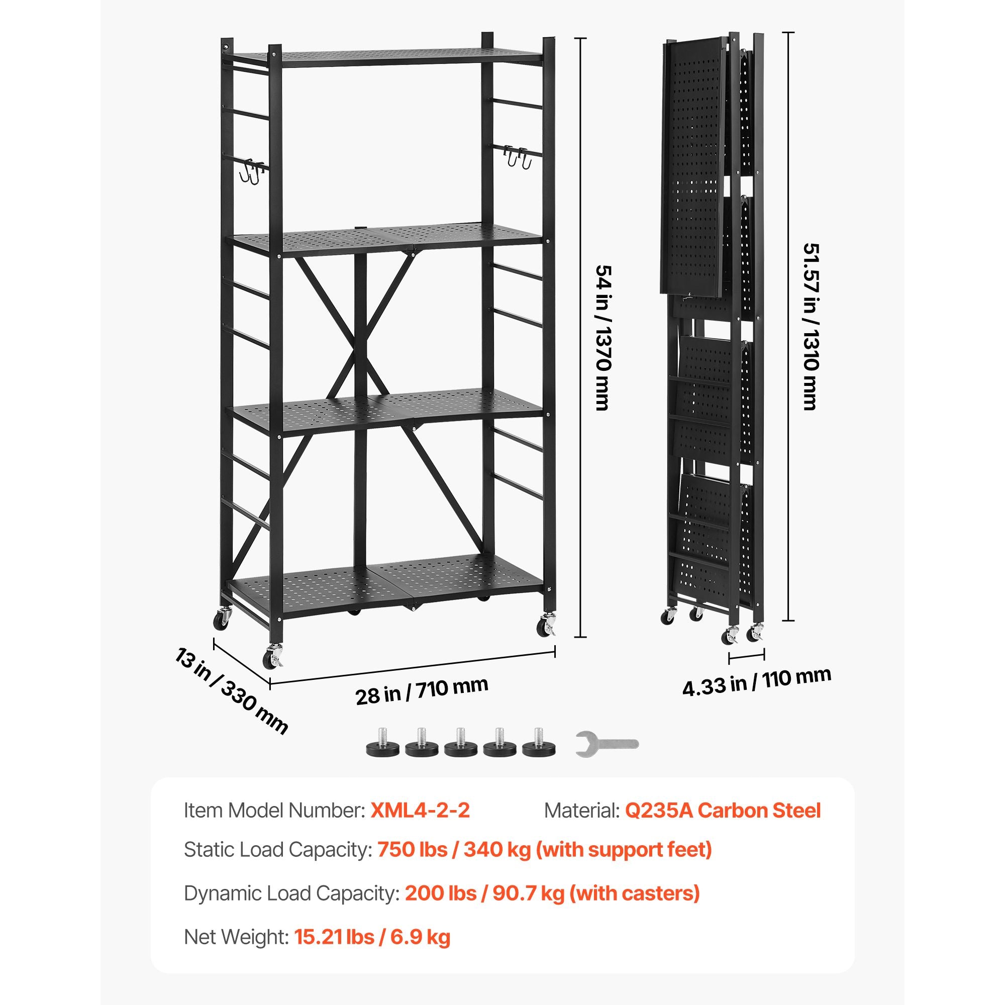 4-Tier Foldable Storage Shelf, 28W x 13D x 54H Folding Metal Rack Shelving Unit, No Assembly Or