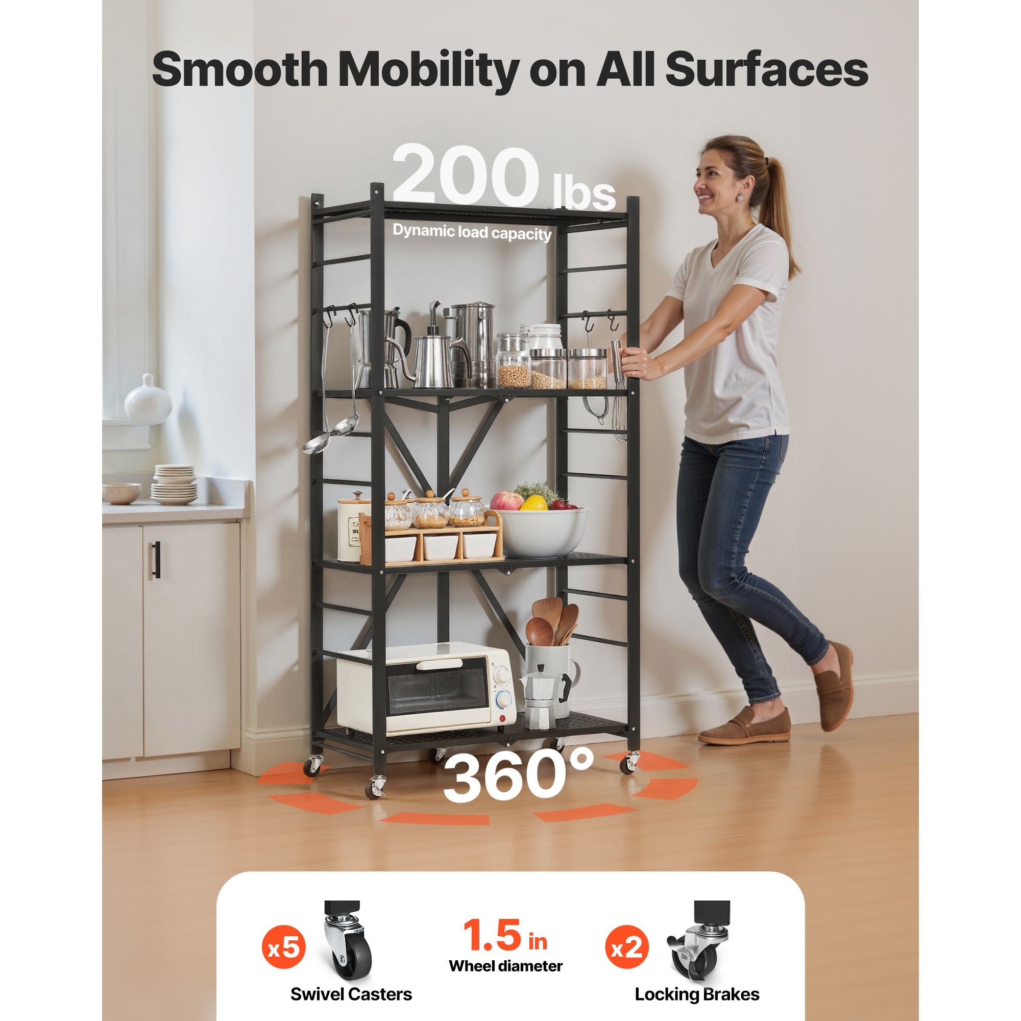 4-Tier Foldable Storage Shelf, 28W x 13D x 54H Folding Metal Rack Shelving Unit, No Assembly Or