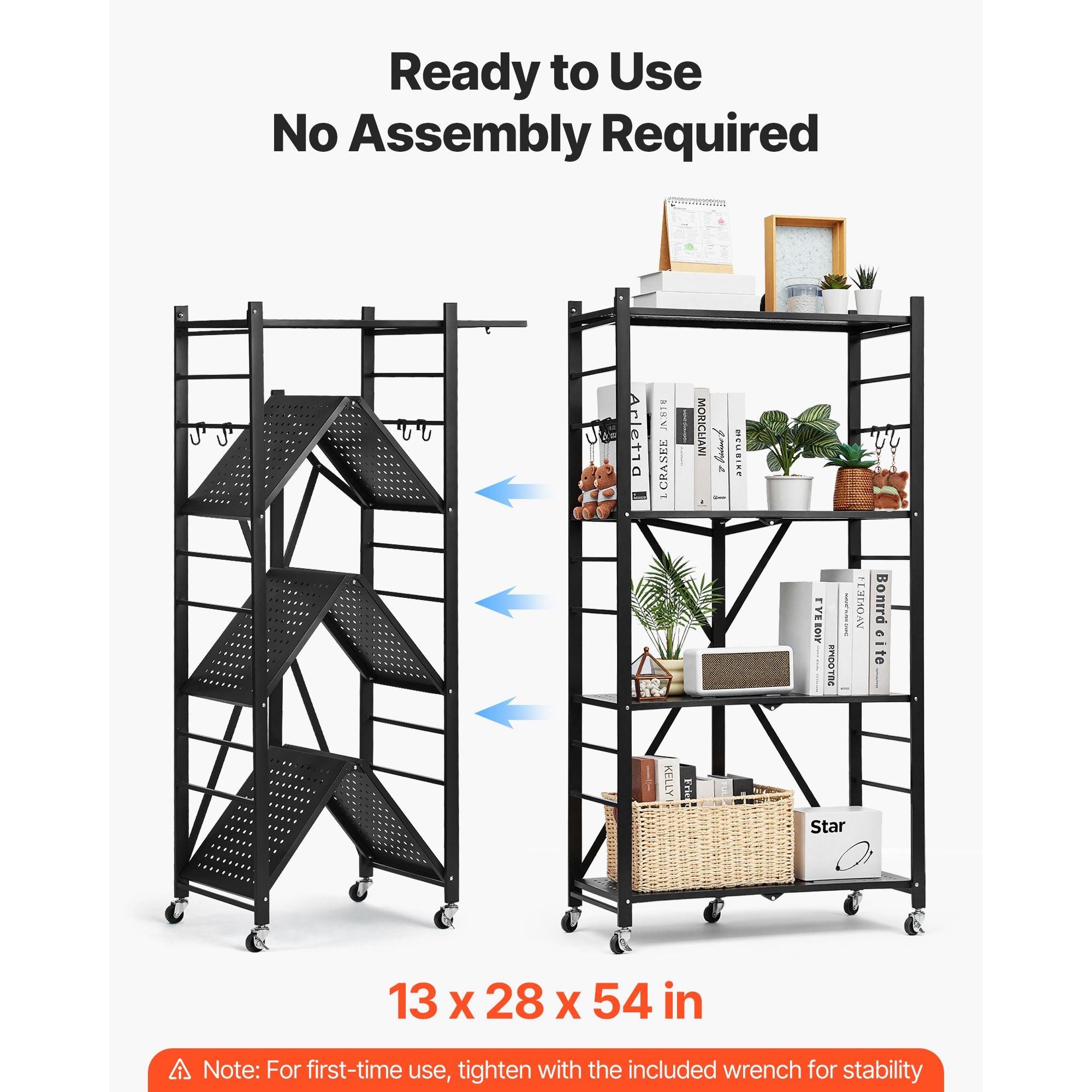 4-Tier Foldable Storage Shelf, 28W x 13D x 54H Folding Metal Rack Shelving Unit, No Assembly Or