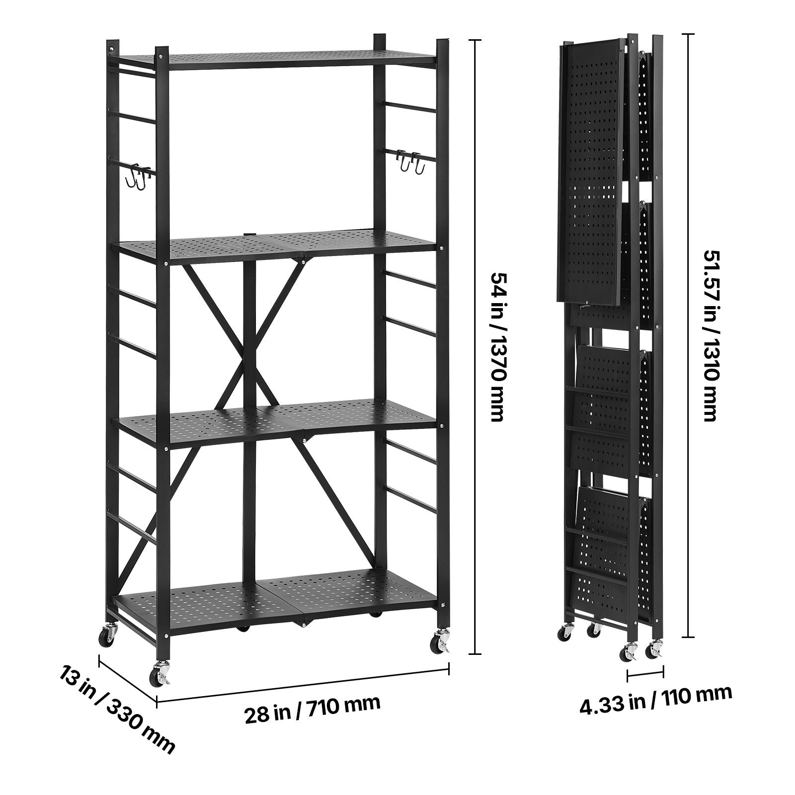 4-Tier Foldable Storage Shelf, 28W x 13D x 54H Folding Metal Rack Shelving Unit, No Assembly Or
