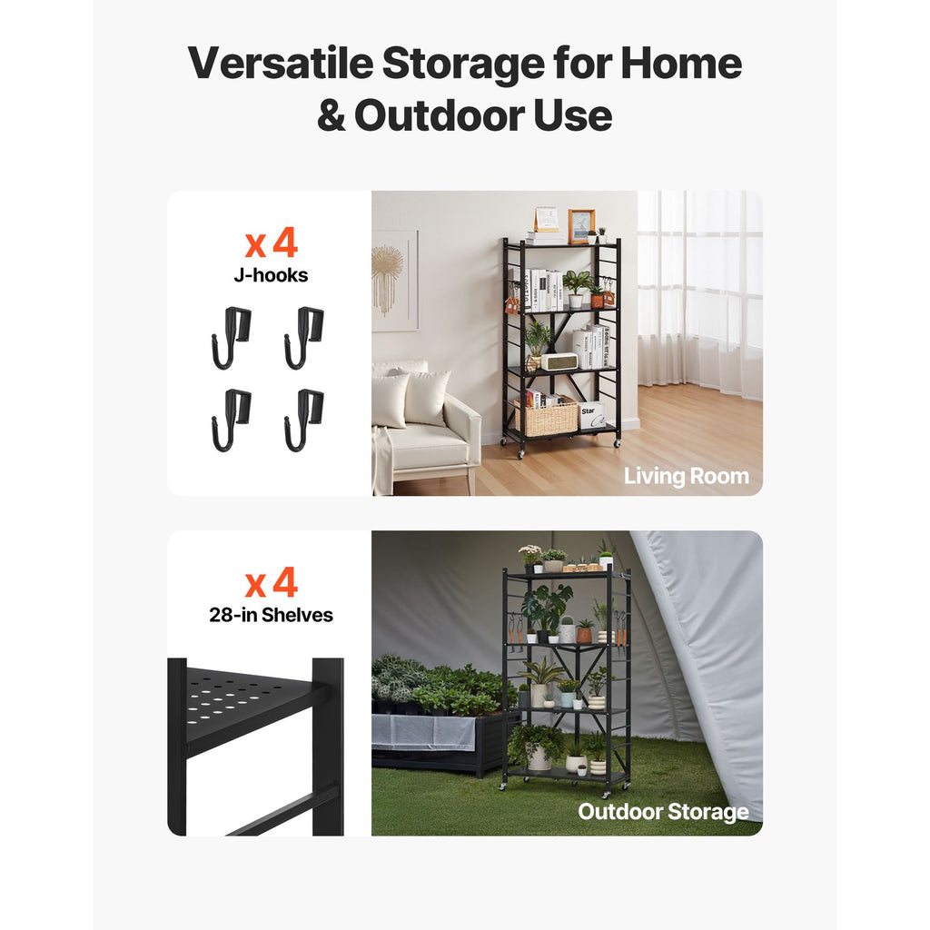 4-Tier Foldable Storage Shelf, 28W x 13D x 54H Folding Metal Rack Shelving Unit, No Assembly Or
