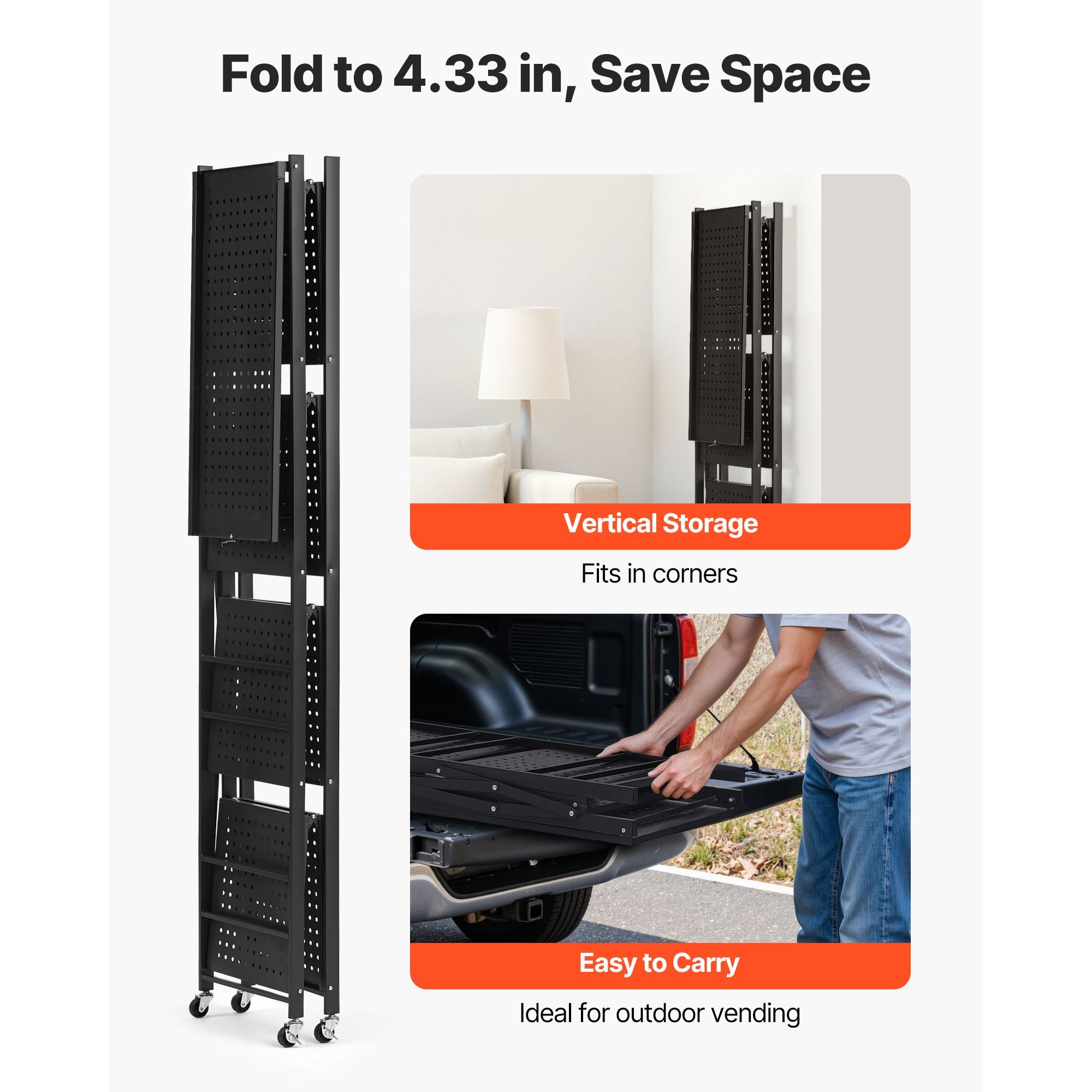 4-Tier Foldable Storage Shelf, 28W x 13D x 54H Folding Metal Rack Shelving Unit, No Assembly Or
