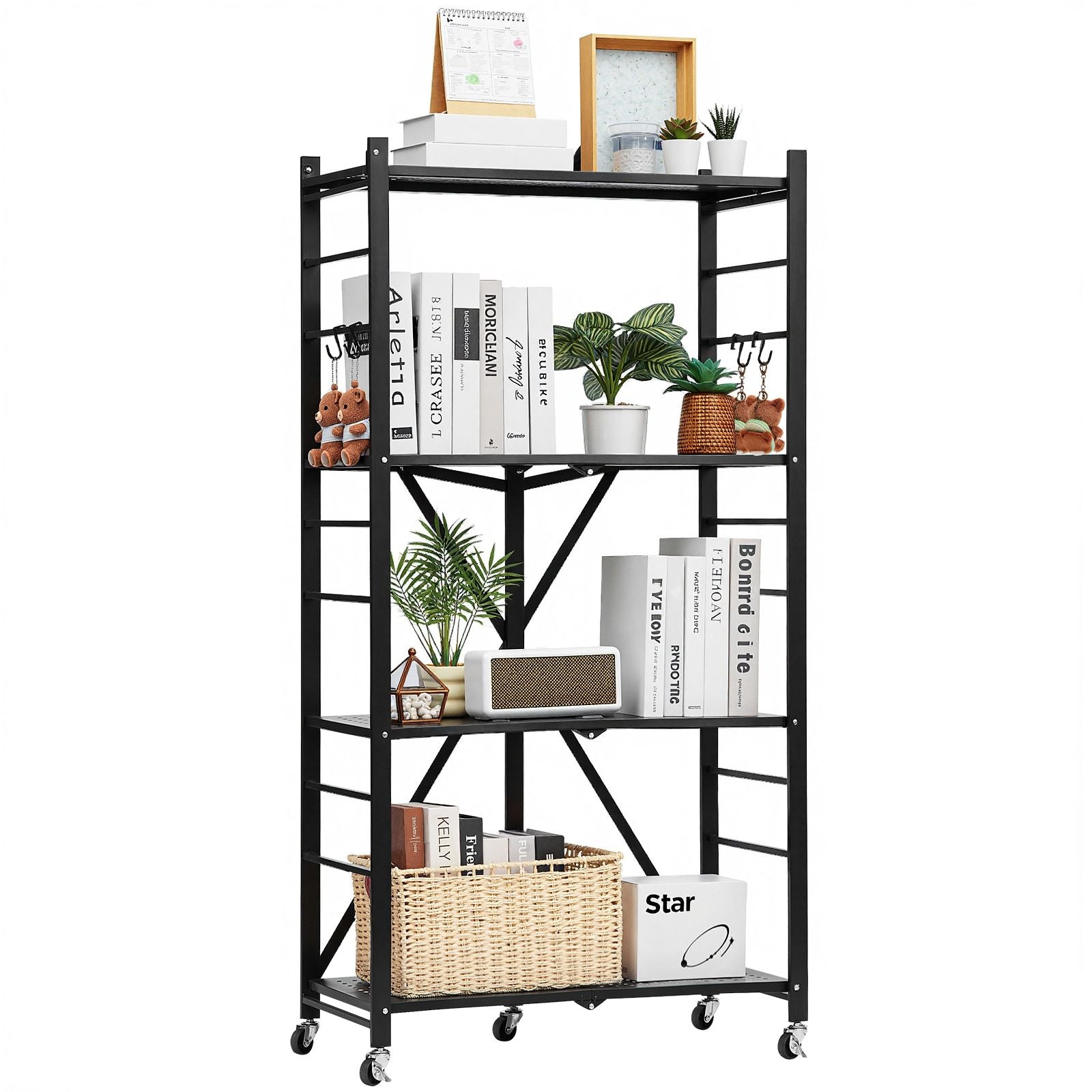 4-Tier Foldable Storage Shelf, 28W x 13D x 54H Folding Metal Rack Shelving Unit, No Assembly Or
