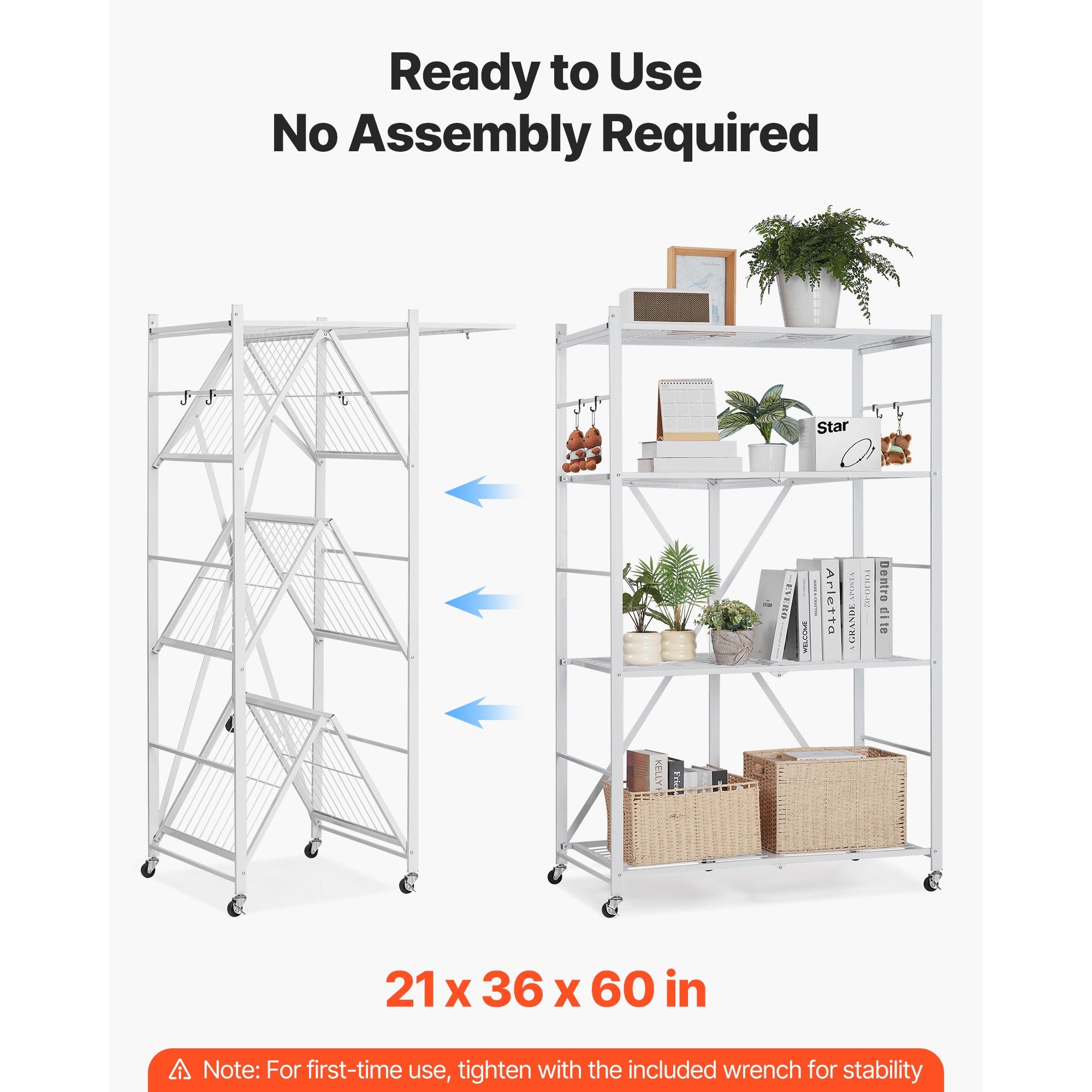 4-Tier Foldable Storage Shelf, 36W x 21D x 60 H Folding Metal Rack Shelving Unit, No Assembly O
