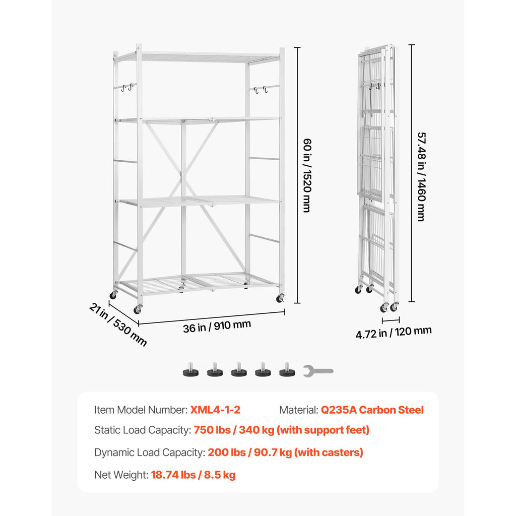 4-Tier Foldable Storage Shelf, 36W x 21D x 60 H Folding Metal Rack Shelving Unit, No Assembly O