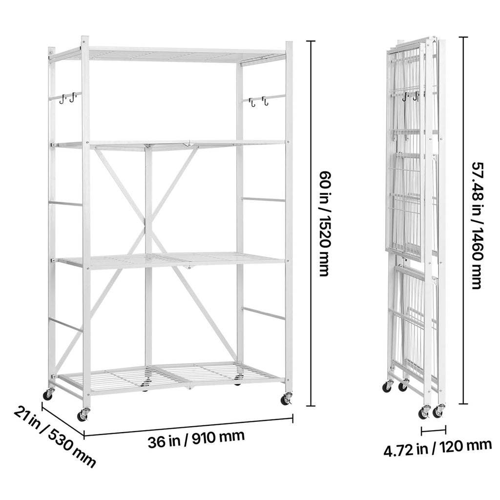 4-Tier Foldable Storage Shelf, 36W x 21D x 60 H Folding Metal Rack Shelving Unit, No Assembly O
