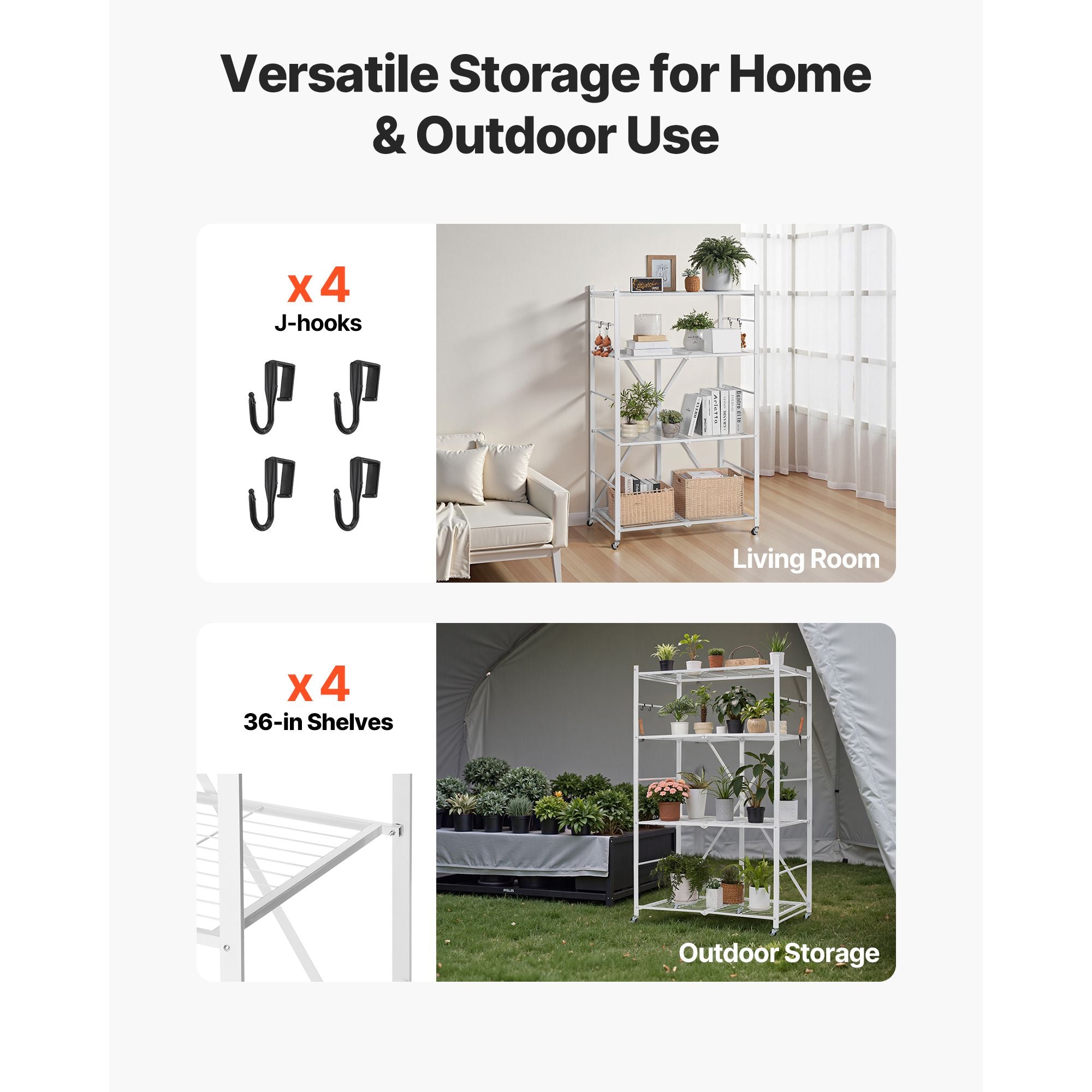 4-Tier Foldable Storage Shelf, 36W x 21D x 60 H Folding Metal Rack Shelving Unit, No Assembly O