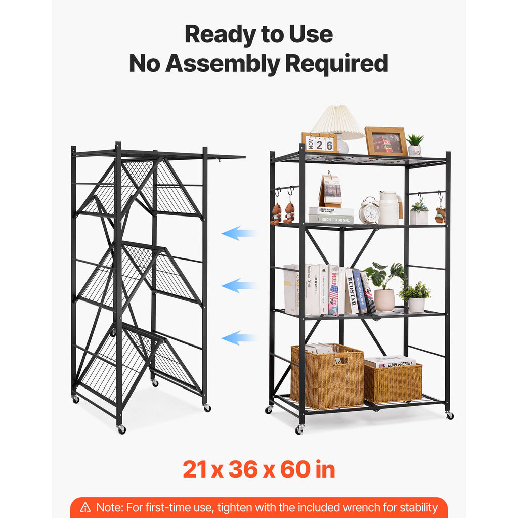 4-Tier Foldable Storage Shelf, 36W x 21D x 60H Folding Metal Rack Shelving Unit, No Assembly Or