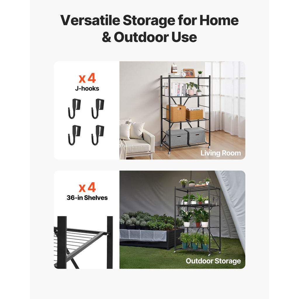 4-Tier Foldable Storage Shelf, 36W x 21D x 60H Folding Metal Rack Shelving Unit, No Assembly Or