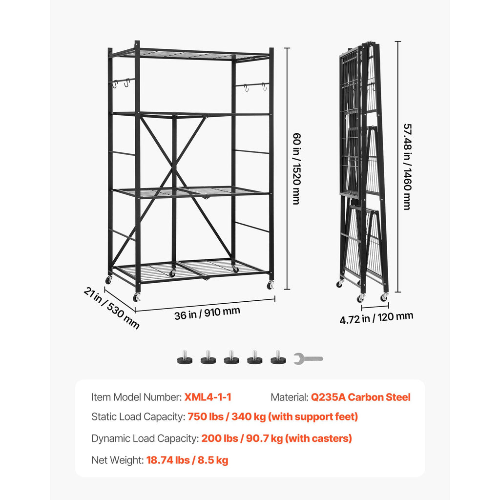 4-Tier Foldable Storage Shelf, 36W x 21D x 60H Folding Metal Rack Shelving Unit, No Assembly Or