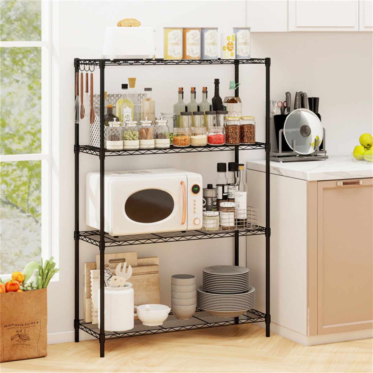 practical Storage Rack with Adjustable Shelves and Hooks