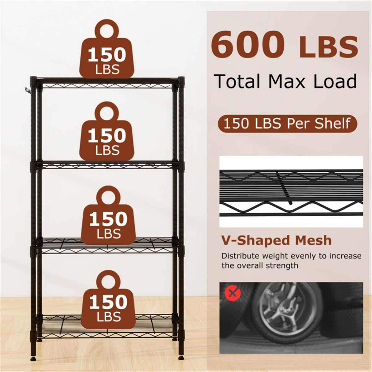 4-Tier practical Metal Wire Shelving – Capacity, Adjustable & Tool-Free Setup