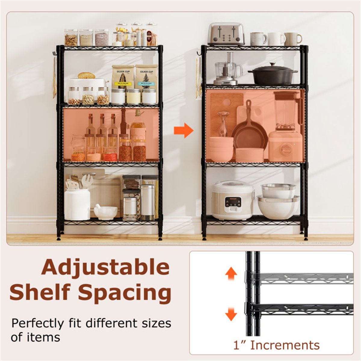 4-Tier practical Metal Wire Shelving – Capacity, Adjustable & Tool-Free Setup