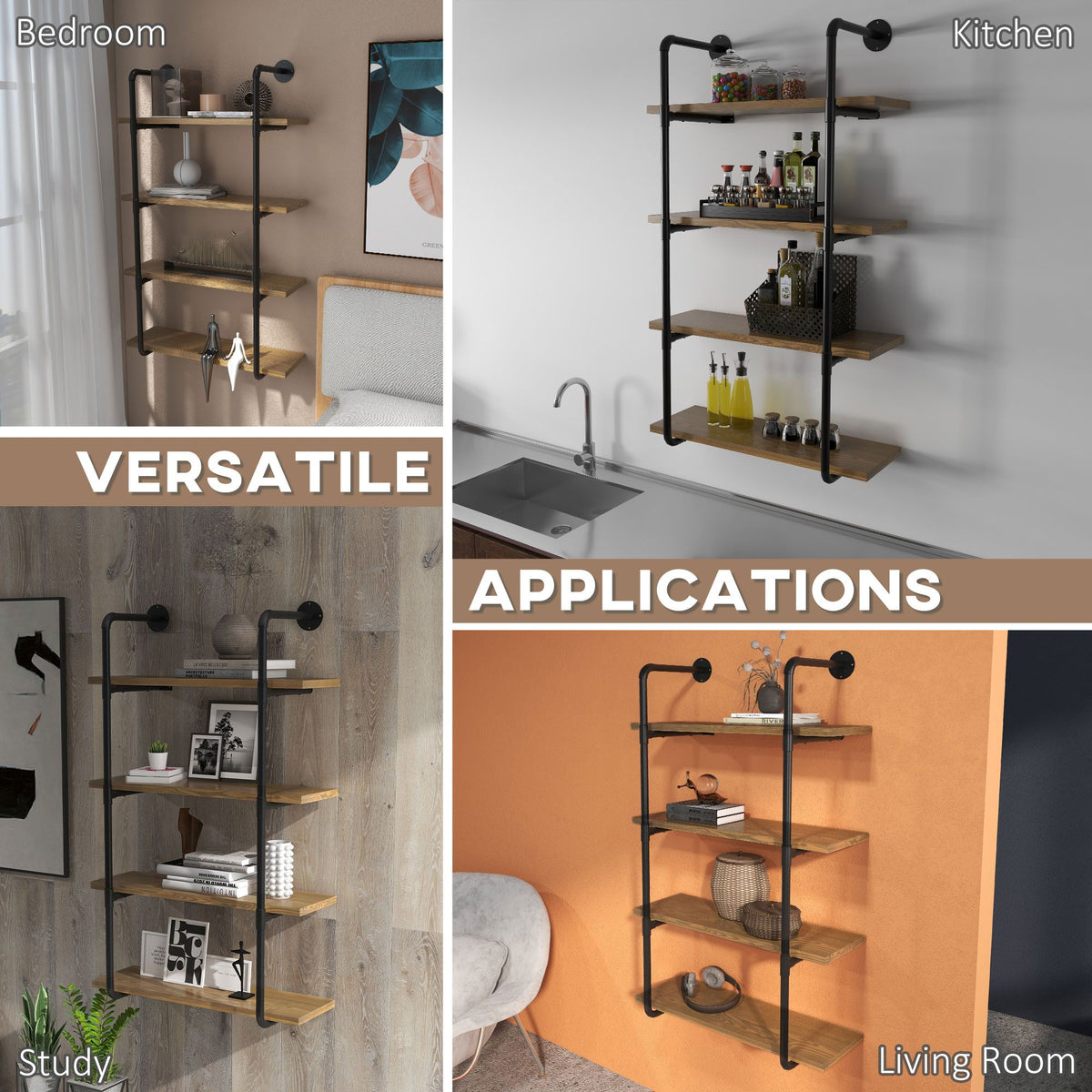 Industrial Style Wall-Mounted Bookshelf with Open Tiered Shelves