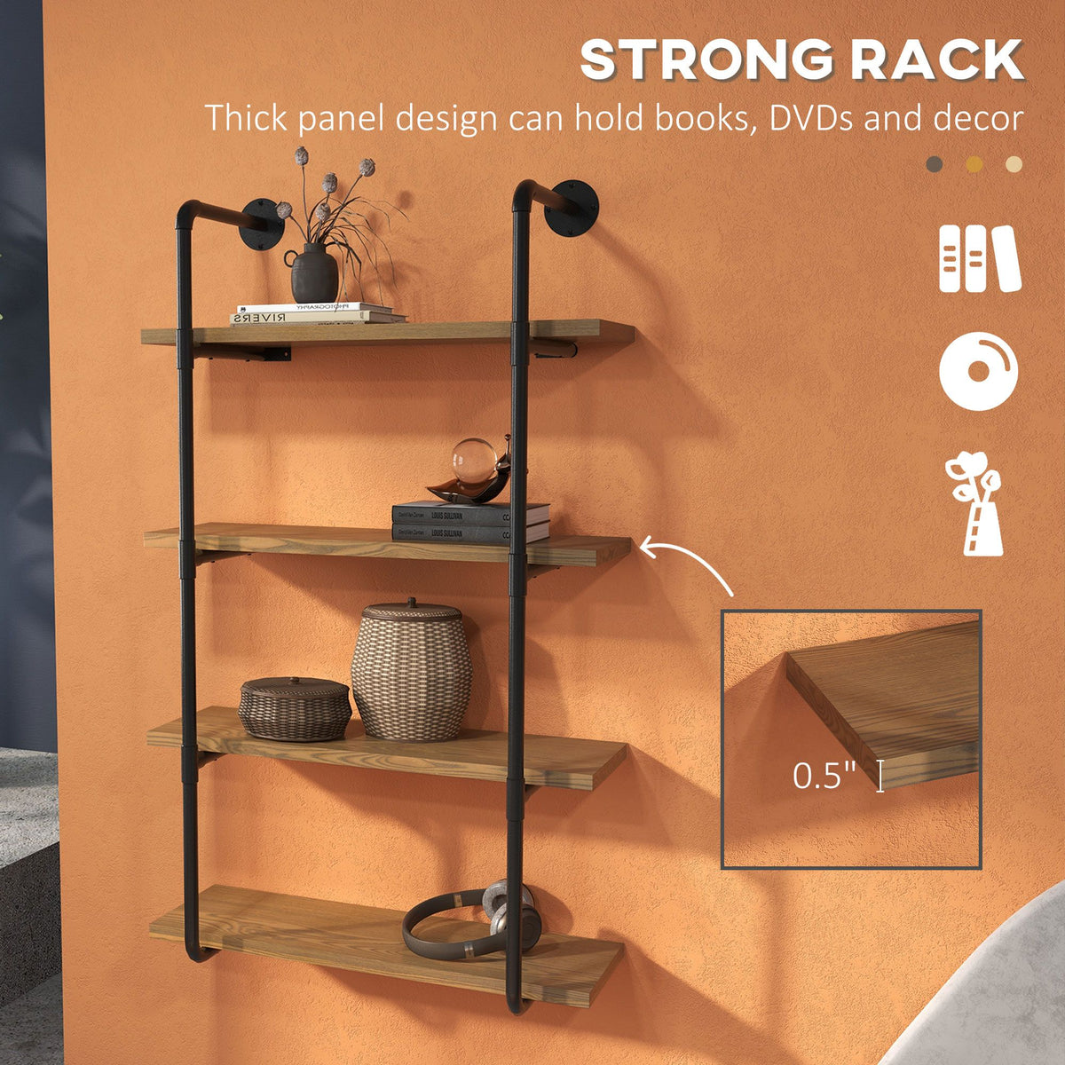 Industrial Style Wall-Mounted Bookshelf with Open Tiered Shelves