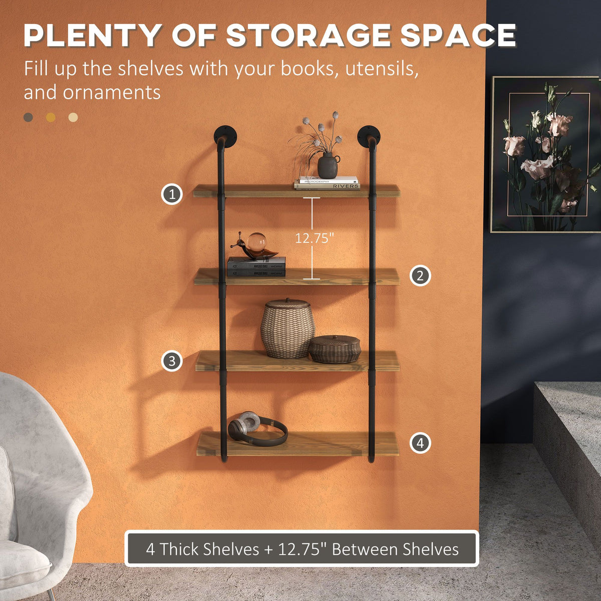 Industrial Style Wall-Mounted Bookshelf with Open Tiered Shelves