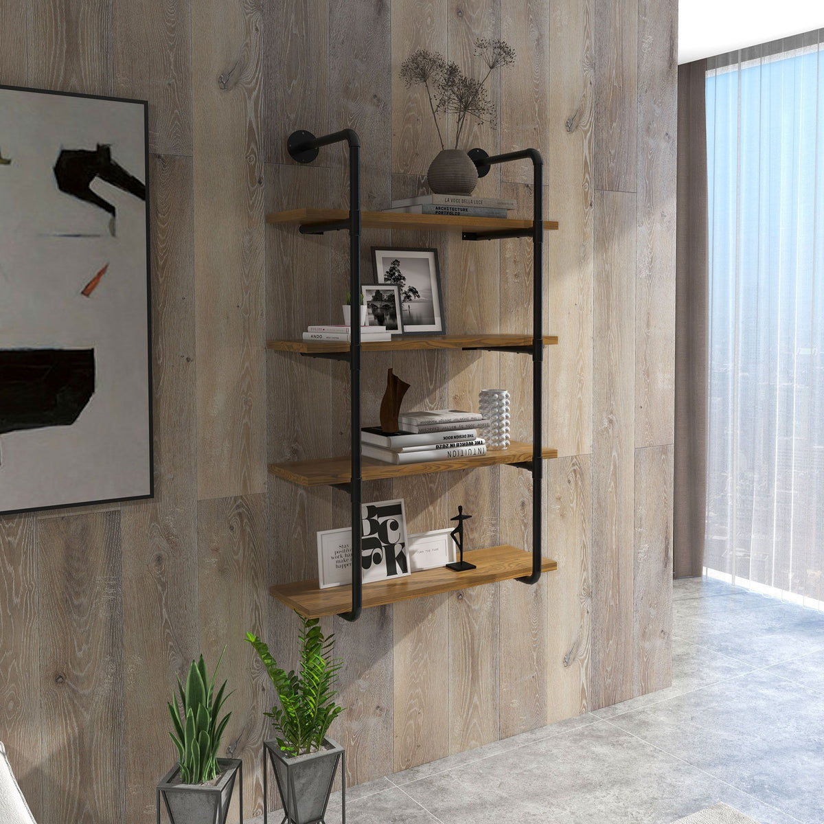 Industrial Style Wall-Mounted Bookshelf with Open Tiered Shelves