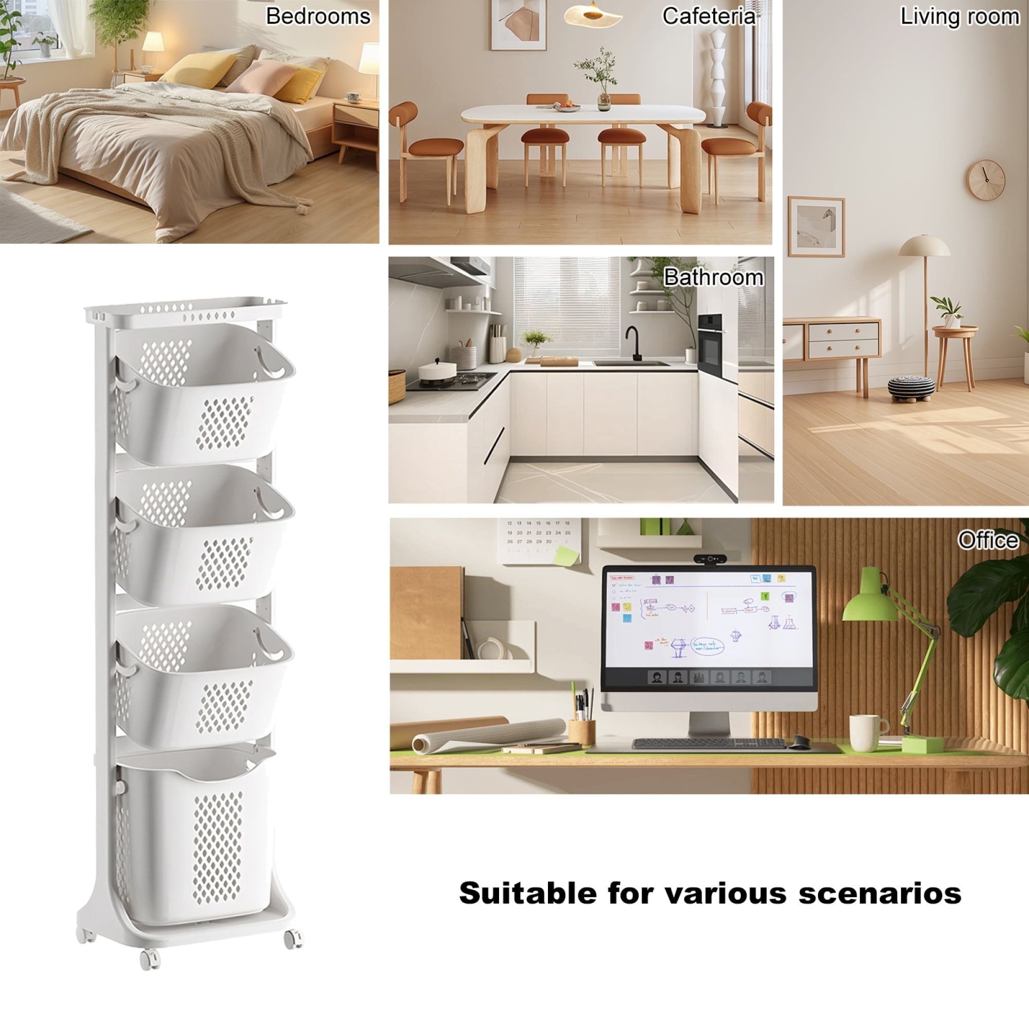 4 Tier Laundry Hamper Sorter, Laundry Storage Organizer with Wheels Removable Rolling