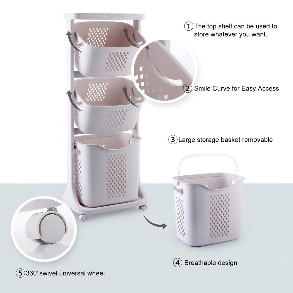 4 Tier Laundry Hamper Sorter, Laundry Storage Organizer with Wheels Removable Rolling
