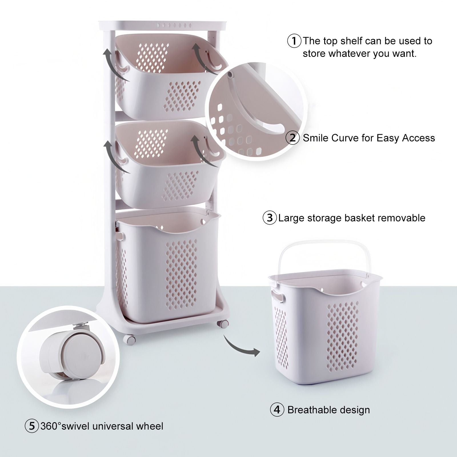 4-Tier Rolling Laundry Hamper Sorter with Removable Baskets