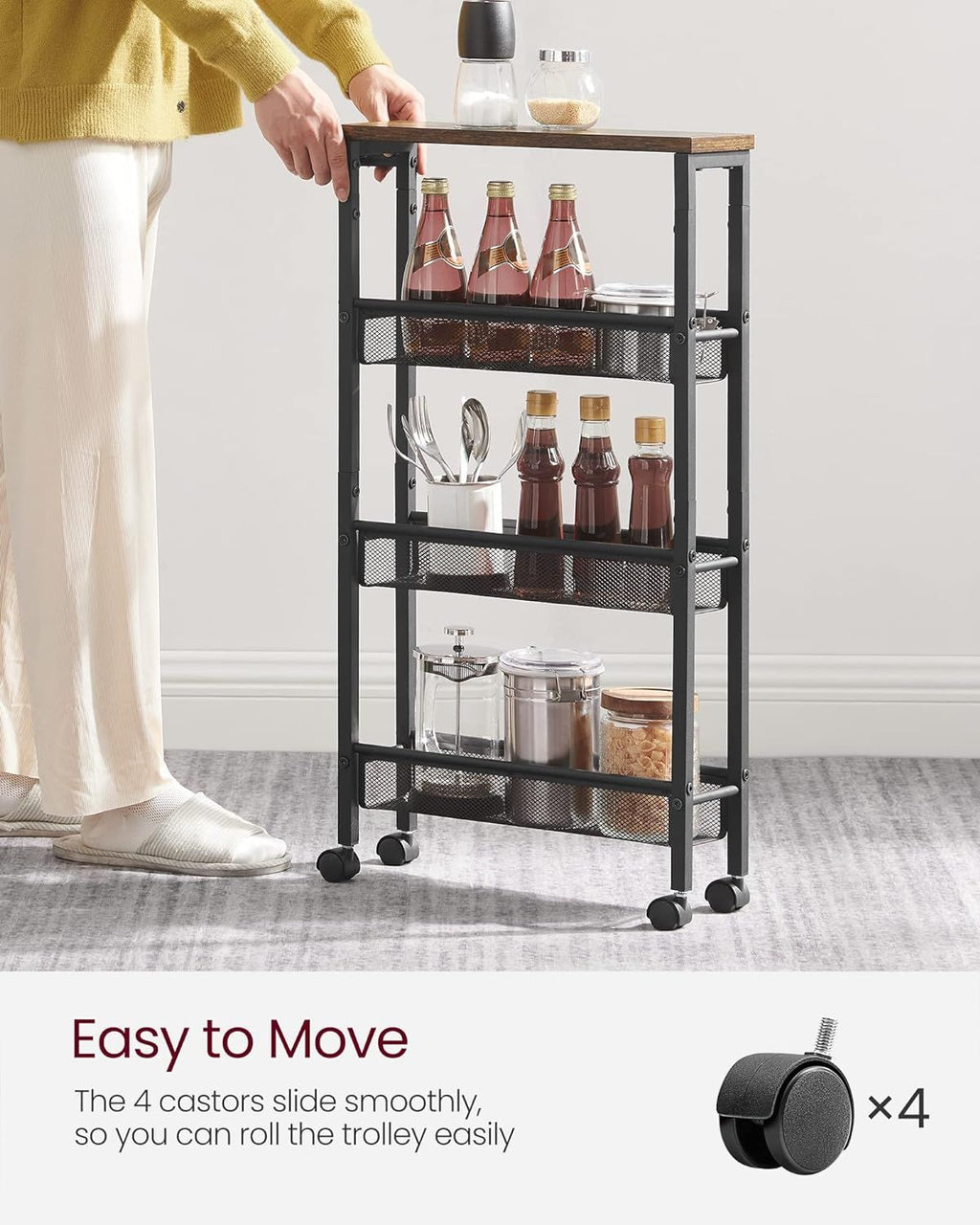 4-Tier Narrow Storage Cart with Handle - Slim Design for Tight Spaces