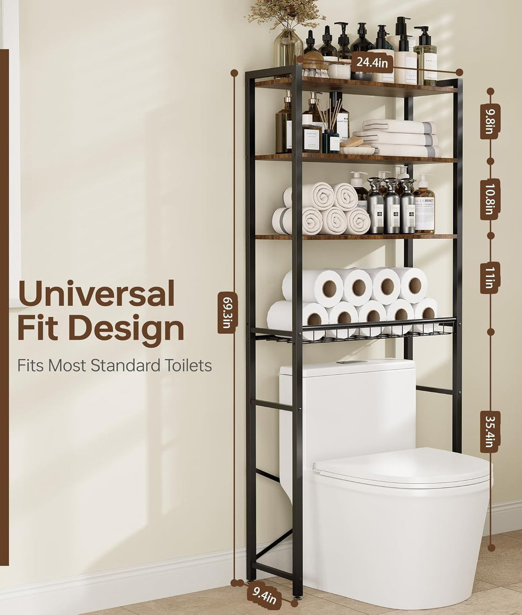Four-Tier Over-the-Toilet Storage Rack with Open Net Basket for Bathroom