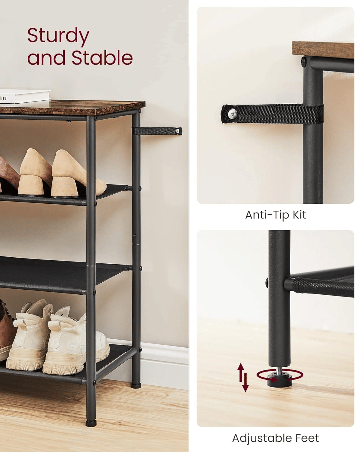 4-Tier Shoe Organizer for Entryway and Closet, Industrial Style