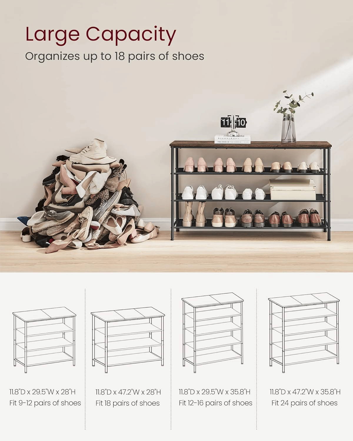 4-Tier Shoe Organizer for Entryway and Closet, Industrial Style