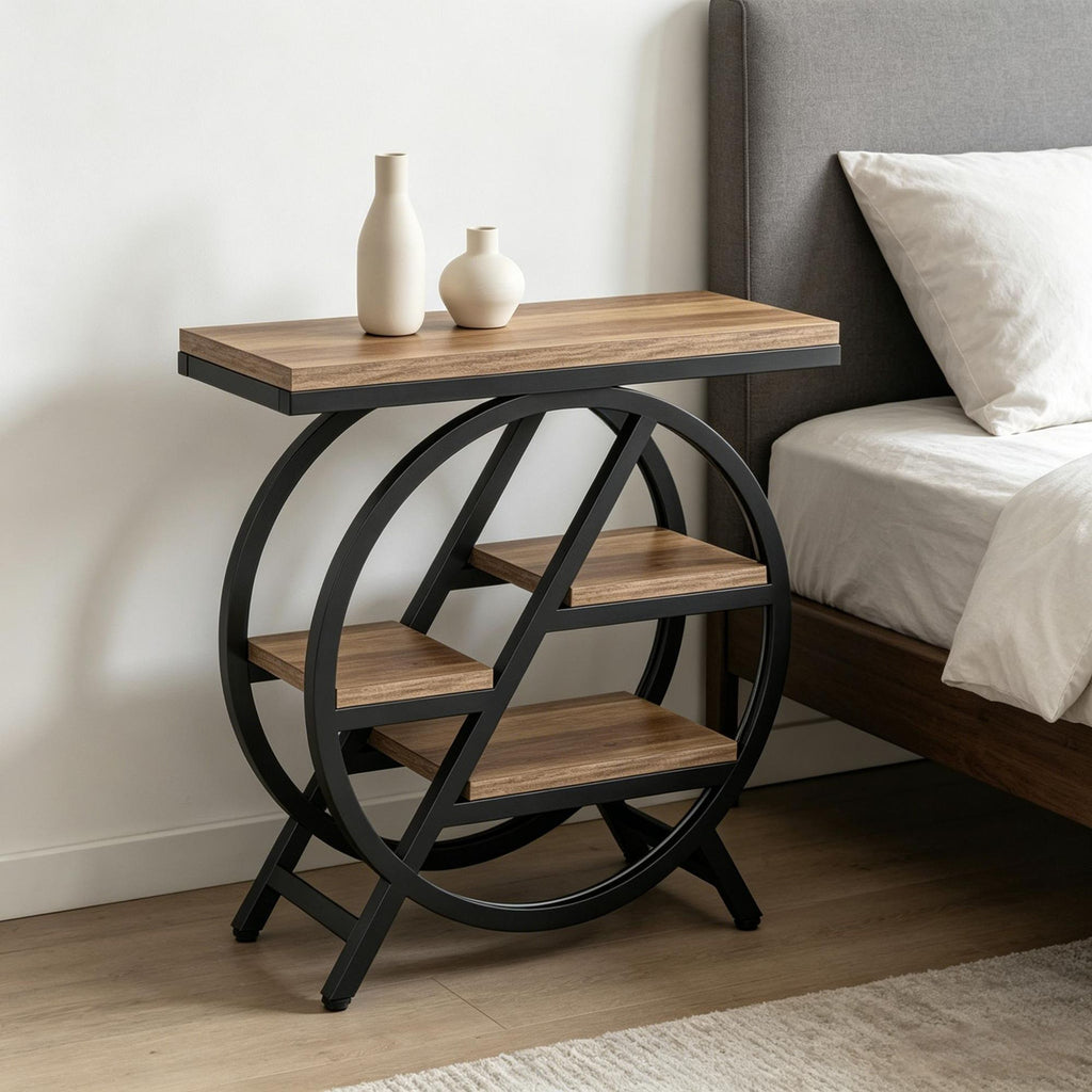 4-Tier Small Side Table with Storage Shelves Snack Table End Table for Living Room Bedroom Rustic In