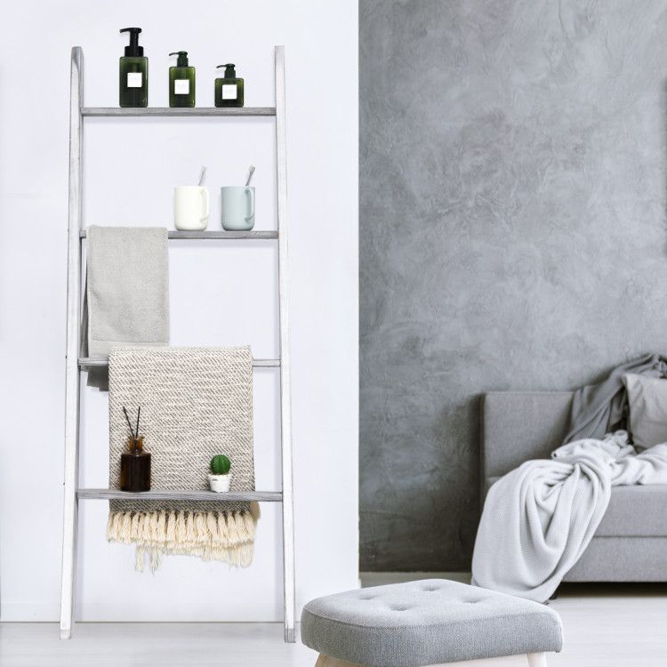 Four-Tier Leaning Ladder Shelf for Blankets and Towels