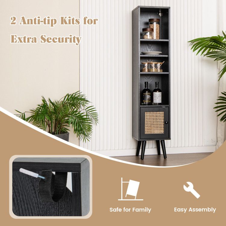Slim Rattan Storage Cabinet with Adjustable Shelf and Boho Style