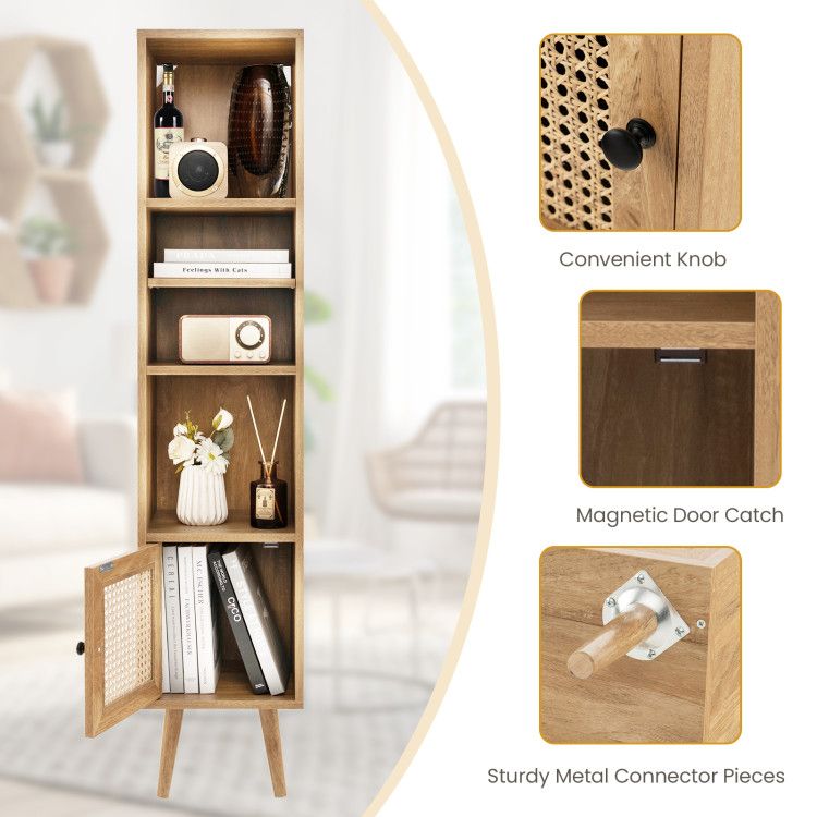 Slim Rattan Storage Cabinet with Adjustable Shelf and Boho Style