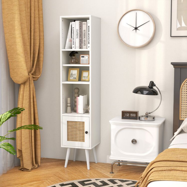 Slim Rattan Storage Cabinet with Adjustable Shelf and Boho Style
