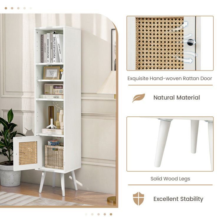Slim Rattan Storage Cabinet with Adjustable Shelf and Boho Style