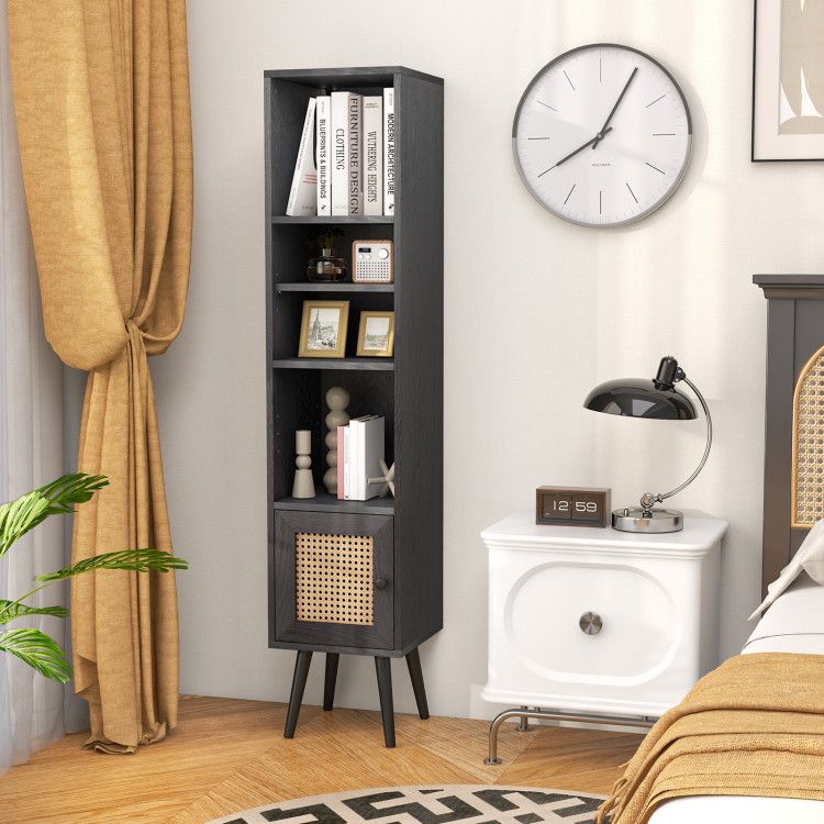 Slim Rattan Storage Cabinet with Adjustable Shelf and Boho Style