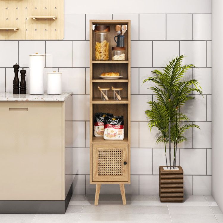 Slim Rattan Storage Cabinet with Adjustable Shelf and Boho Style