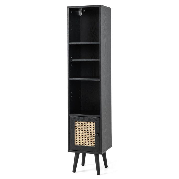 Slim Rattan Storage Cabinet with Adjustable Shelf and Boho Style