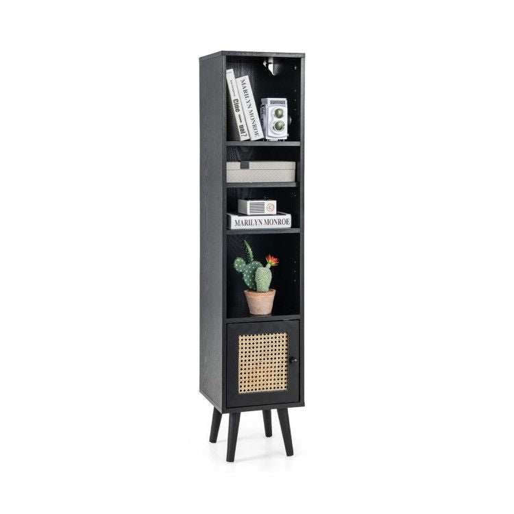 Slim Rattan Storage Cabinet with Adjustable Shelf and Boho Style