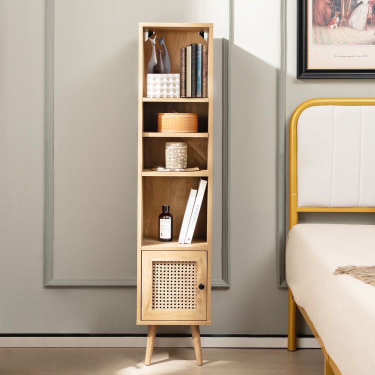Slim Rattan Storage Cabinet with Adjustable Shelf and Boho Style