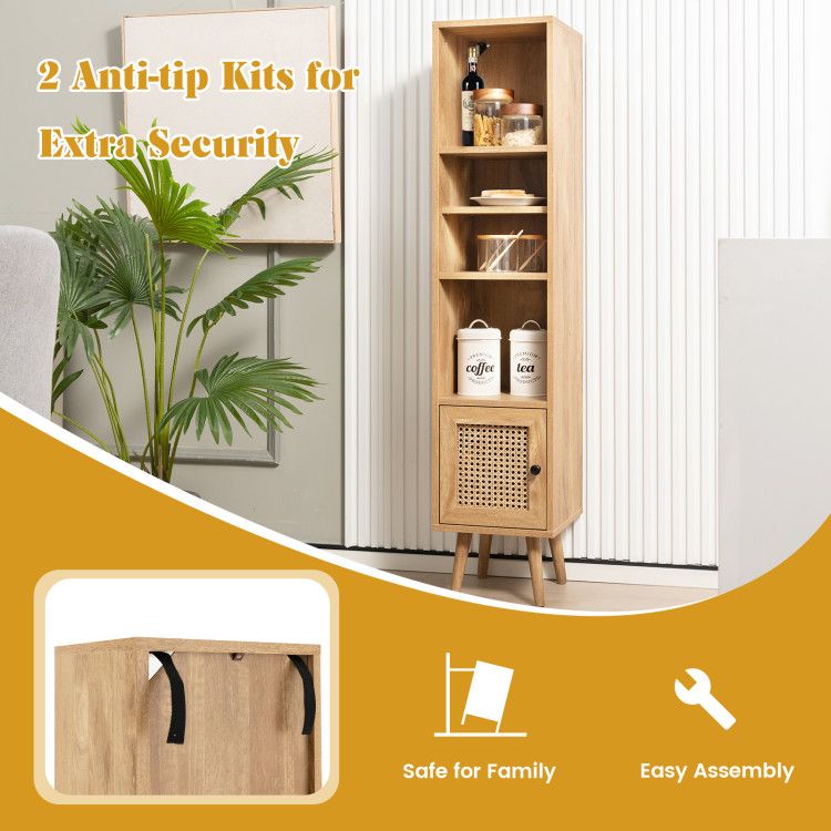 Slim Rattan Storage Cabinet with Adjustable Shelf and Boho Style