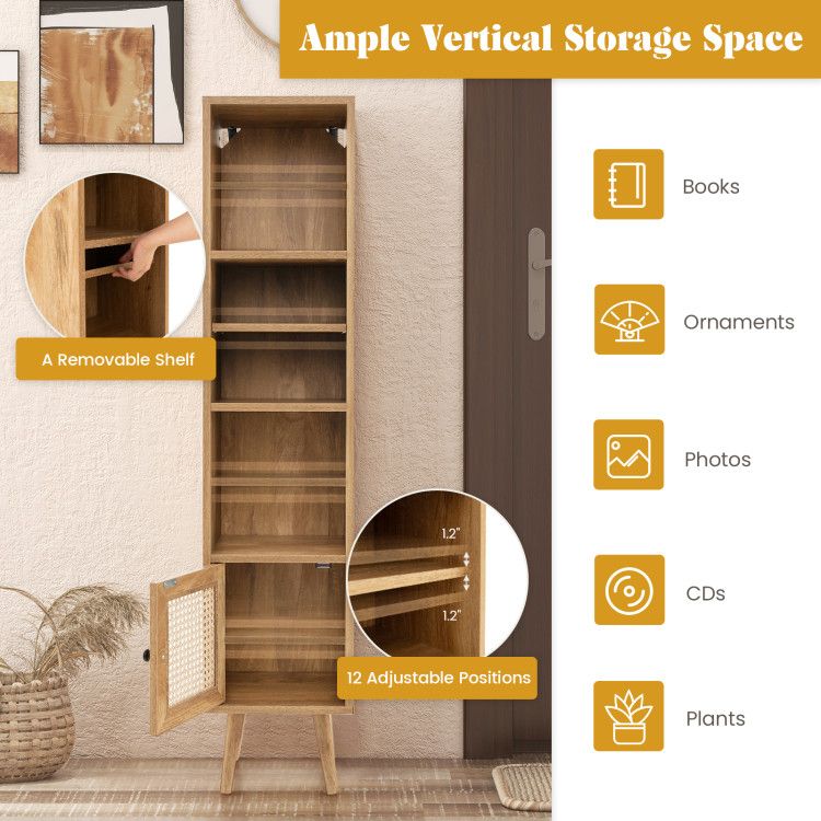 Slim Rattan Storage Cabinet with Adjustable Shelf and Boho Style