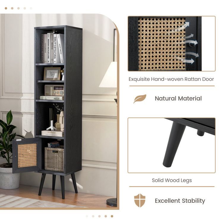 Slim Rattan Storage Cabinet with Adjustable Shelf and Boho Style